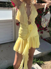Ingvn - Elegant Halter Flower Pleated Mini Dress Women Fashion Sleeveless Backless Ruffle Irregular Bodycon Sexy Dress Vestidos