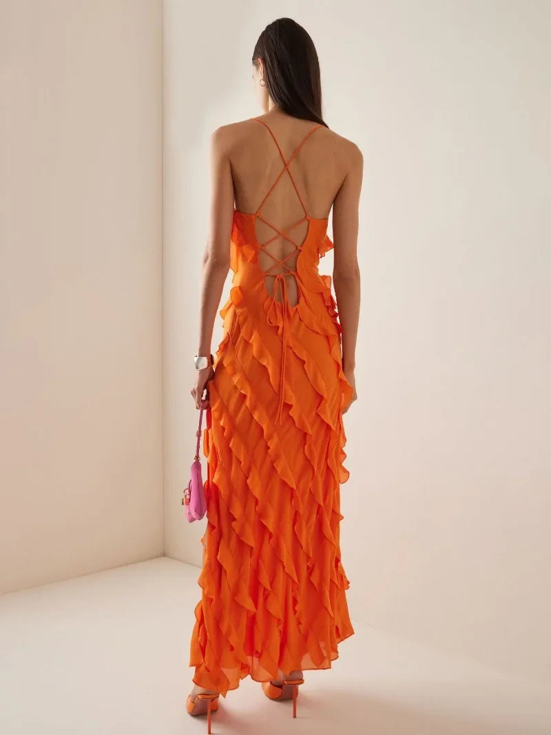 Ingvn  Elegant Pretty Women's Long Dresses  Summer Autumn Strapless High Waist Backless Ruffles Bandage Formal Evening Party Dress