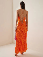Ingvn  Elegant Pretty Women's Long Dresses  Summer Autumn Strapless High Waist Backless Ruffles Bandage Formal Evening Party Dress
