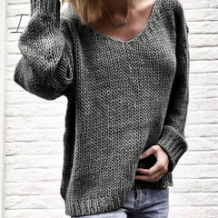 Ingvn - 2023 Casual Women Loose Solid Color Knitted Sweater V Neck Long Sleeve Top Women Clothing Pull Femme
