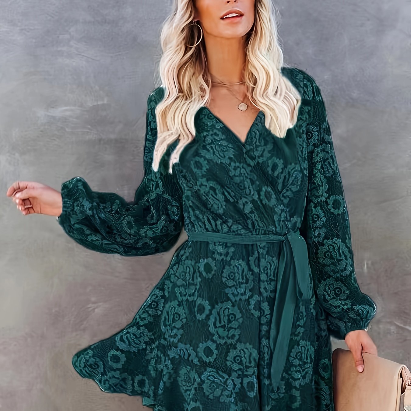 Guipure Lace Surplice Neck Dress, Elegant Lantern Sleeve Tie Waist Dress For Spring & Fall, Women's Clothing