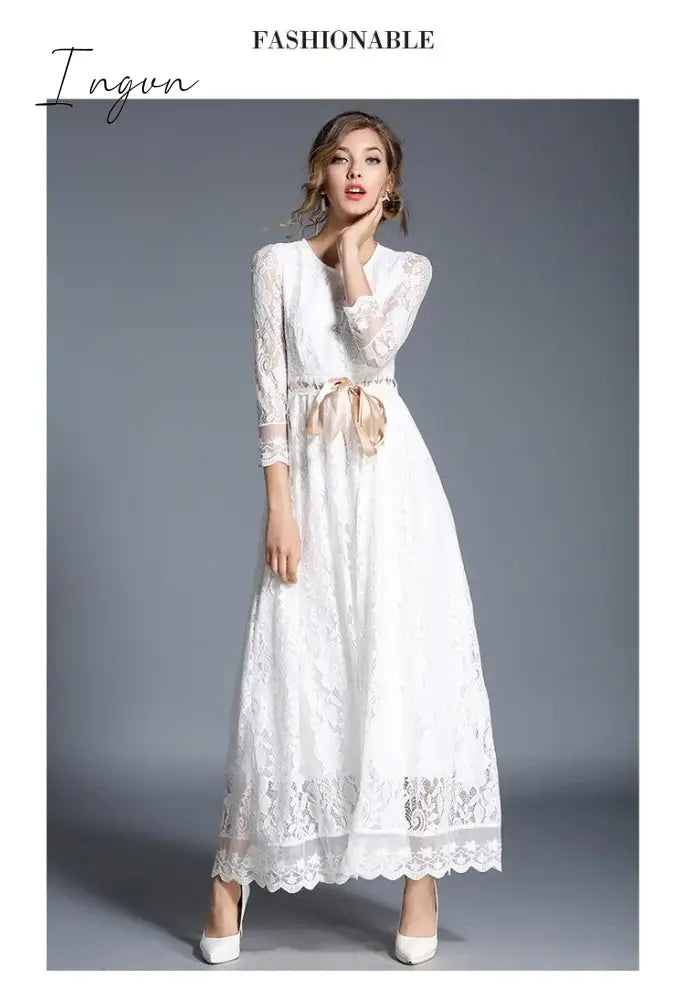 Ingvn - 2023 Fashion Trends High-end Hollow Out White Lace Dress Women Maxi Dress Robe Femme Ete Autumn Long Party Dresses Vestido Longo