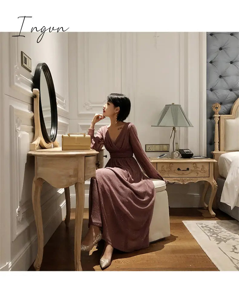 Ingvn - Vintage Glitter Long Maxi Dress Women Spring High Waist Long Sleeve Elegant Boho Dress Shiny Party Dress Plus Size Sexy