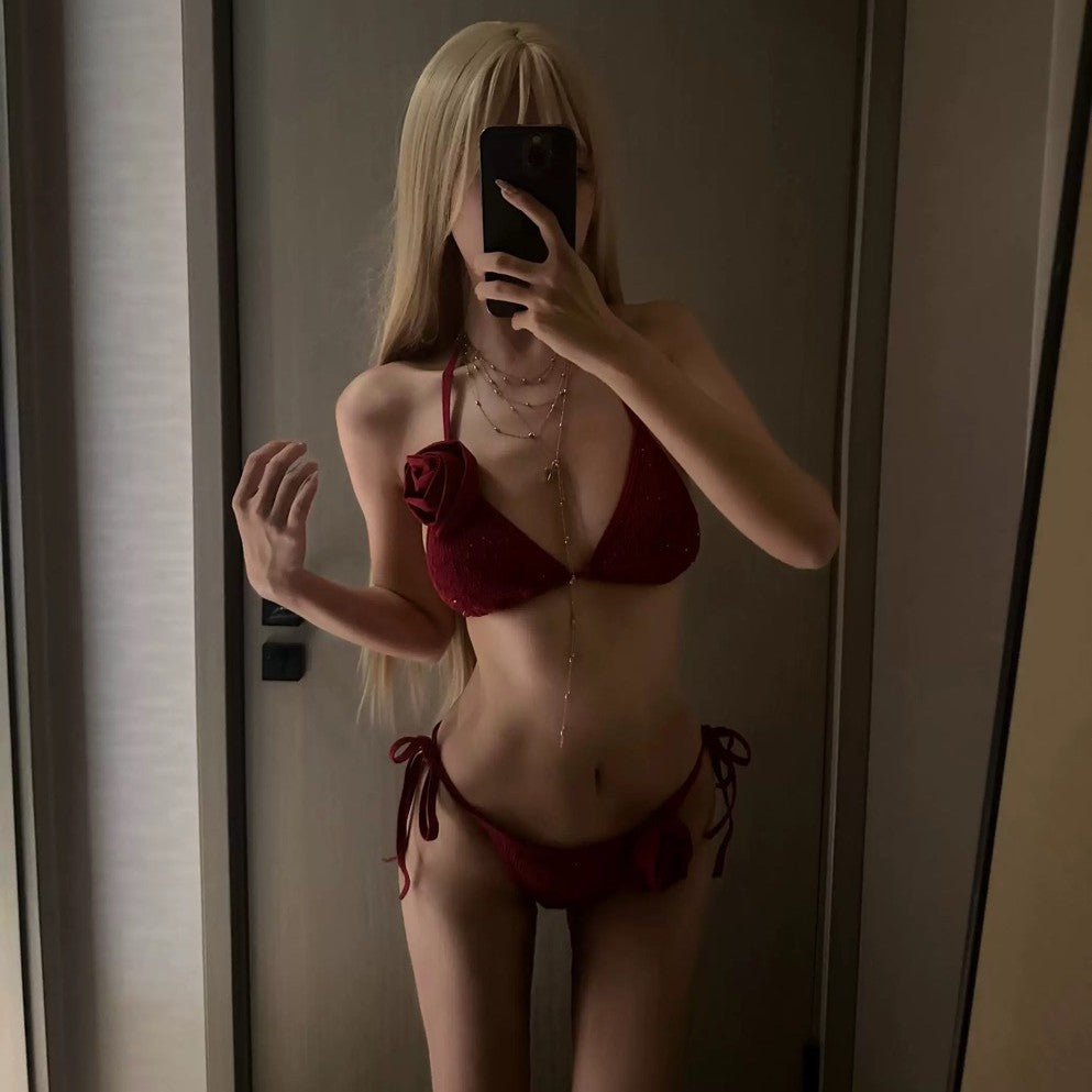 Pure Desire Style Wine Red Triangle Bag Rose Bikini Three-piece Split Swimsuit Women's Thailand Holiday Beach Swimming