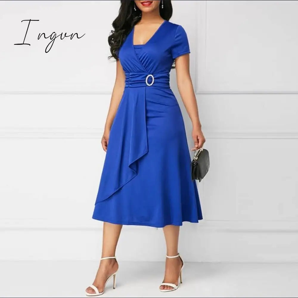 Ingvn - 2023 New Trends Retro Women High Waist Irregular Midi Dresses Summer Fashion V-neck Short Sleeve A-line Party Dress Elegant Office Lady Vestidos