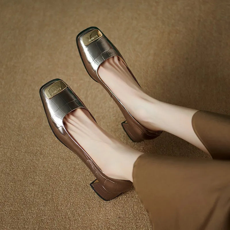 Chunky Heels Women's Casual Pumps Shoes Square Heels Women's Wedding Party Heels 35-40 Gold Solid Slip-On Women Heels Shoes