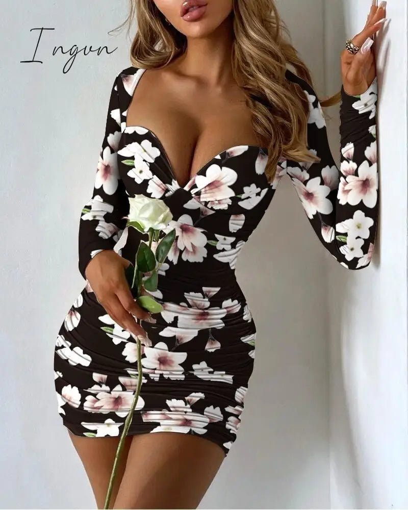 Ingvn - Long Sleeve Mini Dresses Women Basic Party Evening Clubwear Outfits Fall V Neck Sexy Bodycon Dress Short Wrap Streetwear
