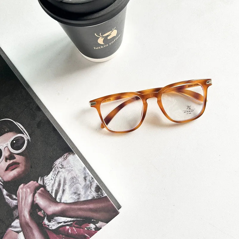 INGVN  Korean Tea Square Glasses Frame Women Lovely Ins No Makeup Plain Glasses Men Eyewear Cute Decorative Computer Glasses