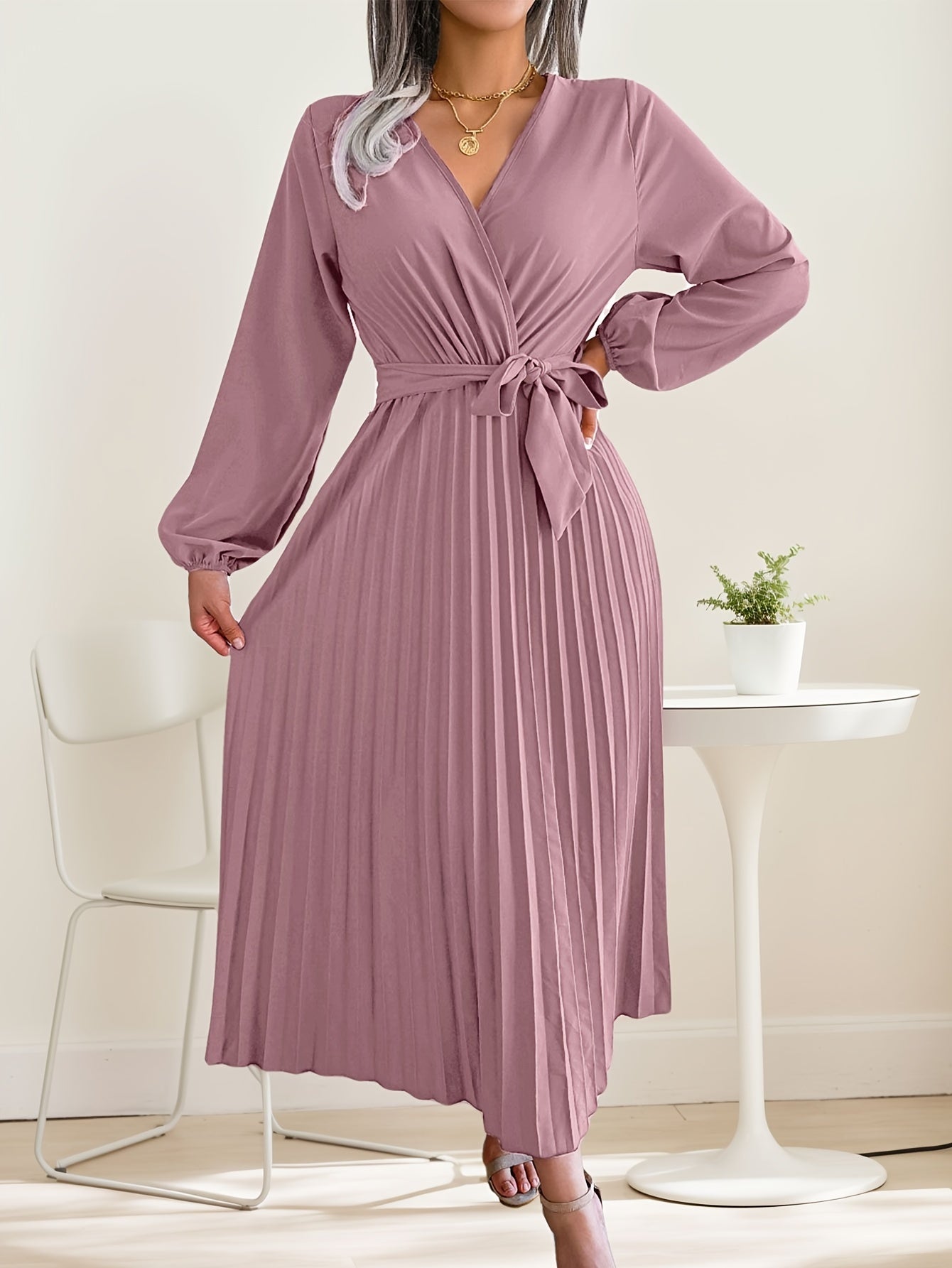 Womens Wrap Tie Dress Casual Fall V Neck Pleated Long Sleeve Solid Flowy Dress For Party Wedding Guest