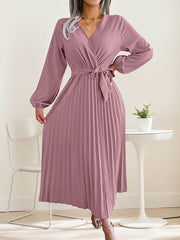 Womens Wrap Tie Dress Casual Fall V Neck Pleated Long Sleeve Solid Flowy Dress For Party Wedding Guest