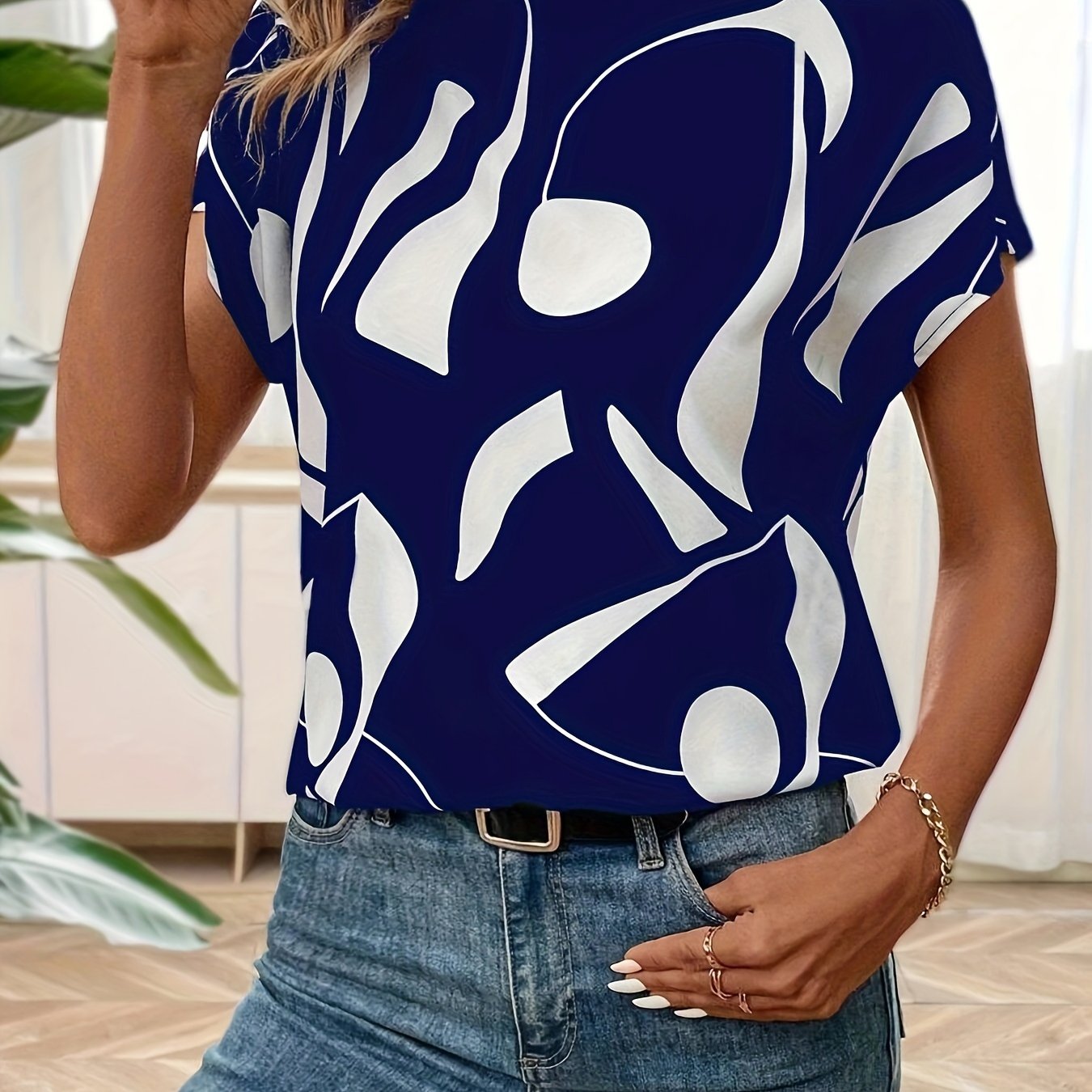 Abstract Print Mock Neck Blouse, Casual Short Sleeve Blouse For Spring & Summer, Women's Clothing