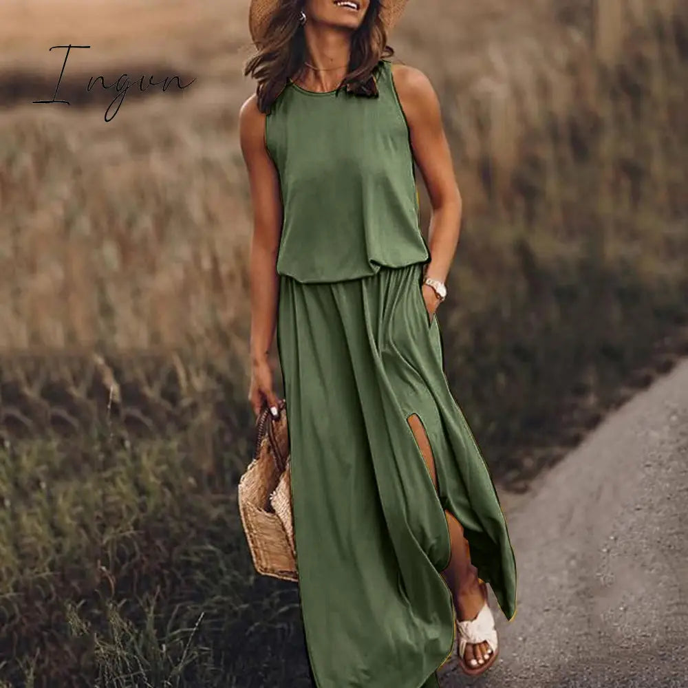 Ingvn - Summer New Oversized Casual Fashion Solid Slit Dress Ladies Sleeveless Loose Robe Dresses Women Round Neck Vestidos De Fiesta