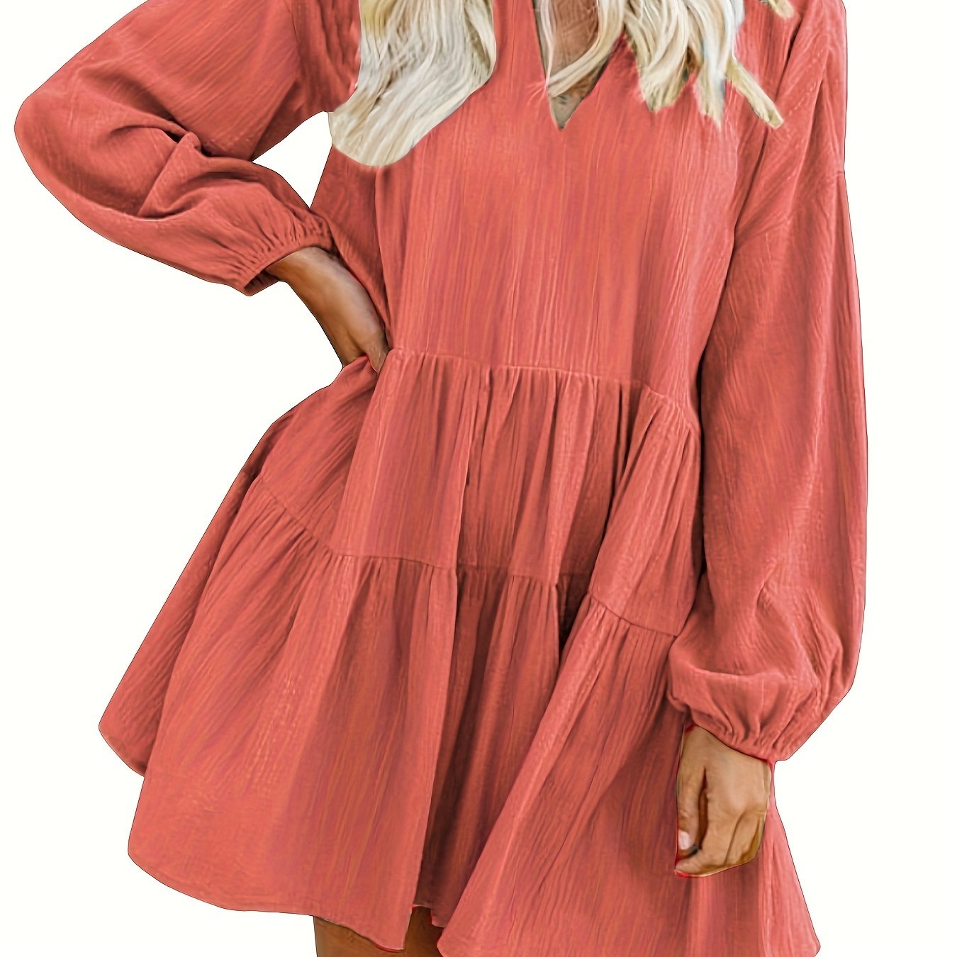 Long Sleeve Solid Color V Neck Loose Babydoll Dress, Casual Ruffle Hem For Spring & Fall, Women's Clothing