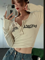 Ingvn - Retro Graffiti Print Elastic T Shirt Women Sexy Slim Crop Top Ribbed Long Sleeve O-neck Tops Grunge Tee Ladies Y2K streetwear