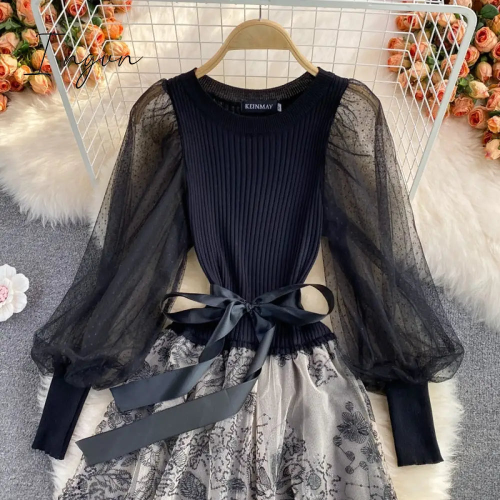 Ingvn - Elegant Mesh Knitted Stitching Dress Women Vintage Puff Sleeve Round Neck A Line Party Dresses Ladies Bandage Printing Dress
