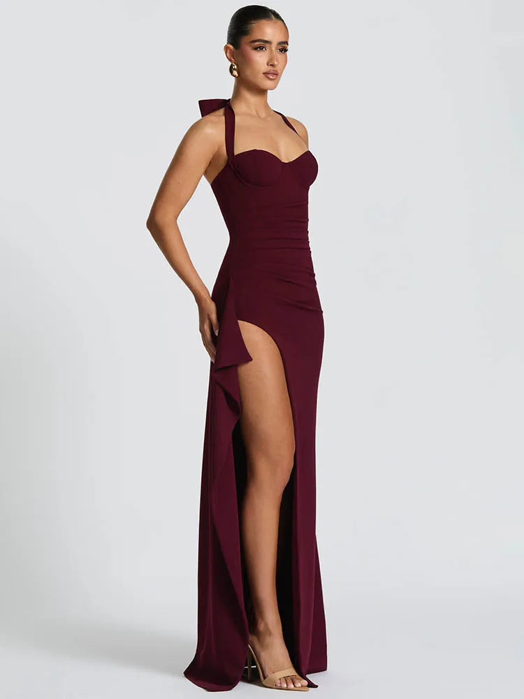 Halter Backless Sexy Maxi Dress Women Fashion Lace-up Sleeveless High Waist Thigh High Split Bodycon Evening Club Dress