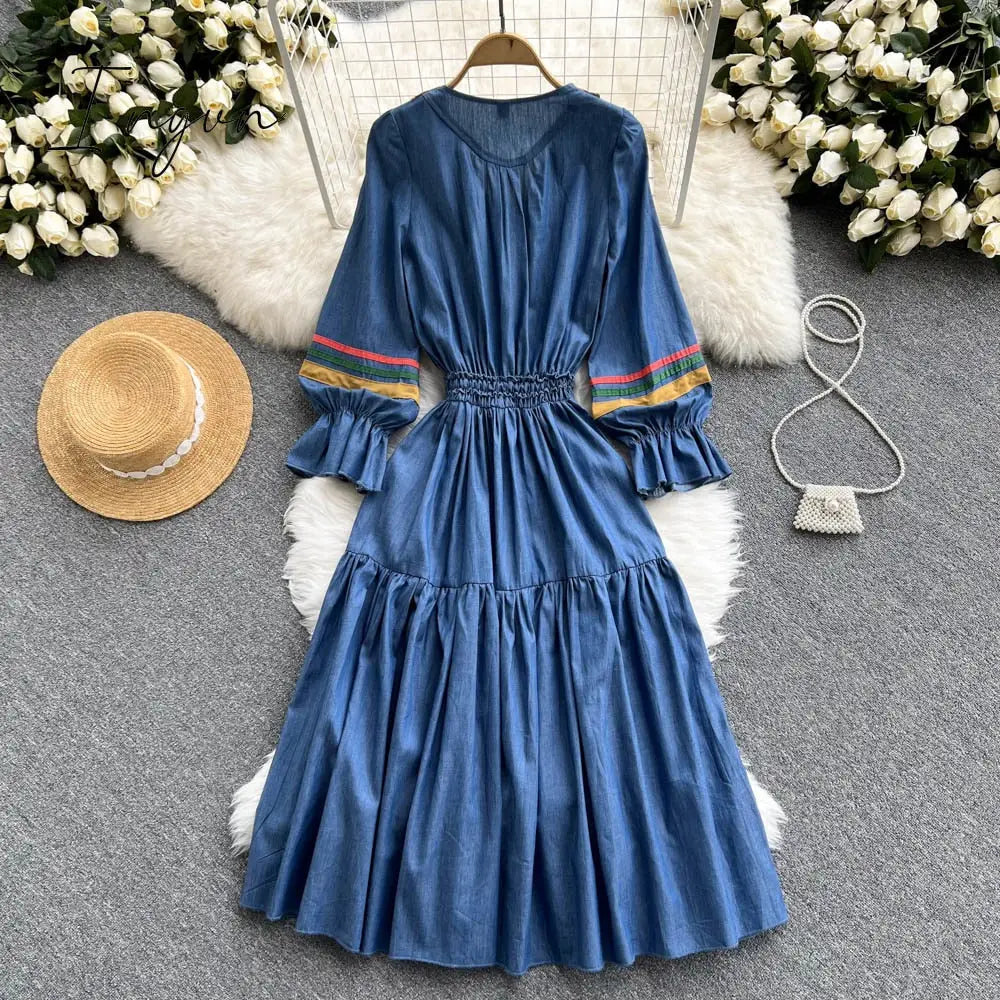 Ingvn - Quality Embroidered Denim Dress 2023 Summer Autumn National Korean Pleated A Line Long Sleeve Cowboy Dress Women Jeans Dress
