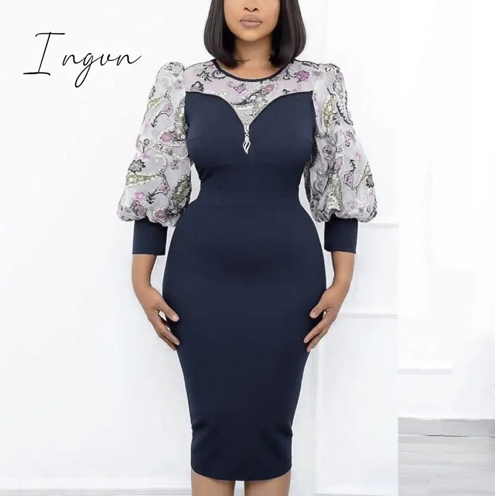 Ingvn - African Fashion Women Dresses Office Style Dot Patchwork Bow High Waist Bodycon Mid Calf Elegant Business Work Wear Vestidos New