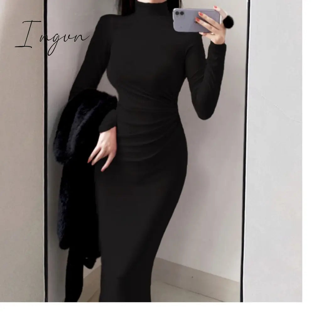 Ingvn - Women Autumn Turtleneck Dress Female Slim Elastic Oversized Basic Bodycon Sweater Dress Ladies Knit Warm Long Party Dresses
