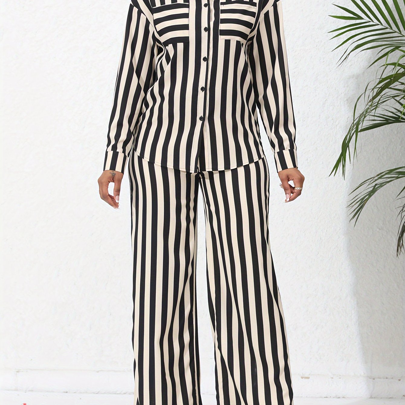 Chic Striped Print Two-Piece Outfit Set - Comfortable Button-Down Shirt & Flowy Wide Leg Pants - Casual Everyday Wear for Women