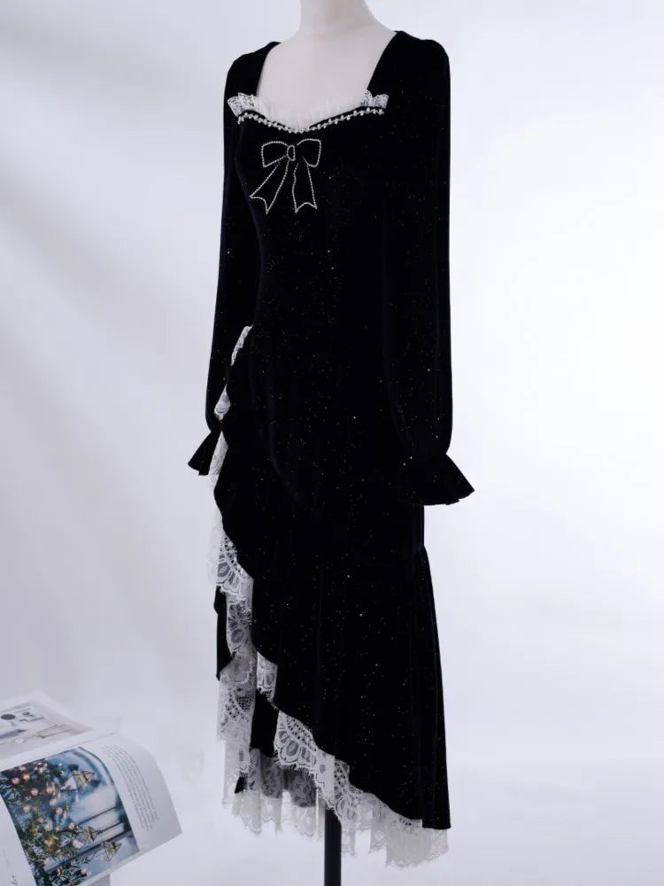 Vintage Mermaid Evening Dresses for Women Elegant Sequins Velvet Lace Patchwork Slit Party Dress Autumn Slim Fit Vestidos Mujer