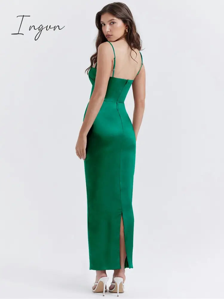 Ingvn - Elegant Women Part Dress Thickened Satin Fabric Spaghetti Strap Sleeveless Backless Bodycon Sexy Club Long Dress 2023
