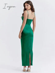 Ingvn - Elegant Women Part Dress Thickened Satin Fabric Spaghetti Strap Sleeveless Backless Bodycon Sexy Club Long Dress 2023