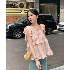 French Style Striped Bow Tank Top Women's Summer Loose Fit Vacation Style Doll Top Fashionable Casual Wear