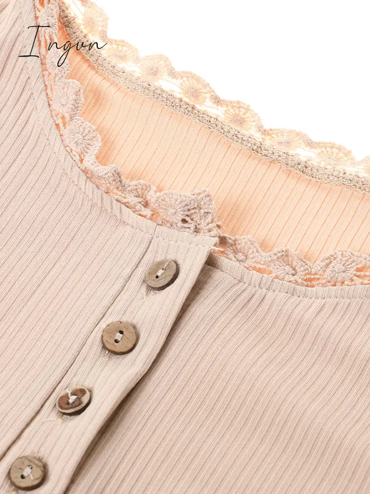 Ingvn - Lace Splicing Top Long Sleeve T Shirt Woman Button Slim Tops Tee Autumn Spring Patchwork Sleeve T-shirt Women Sexy Streetwear