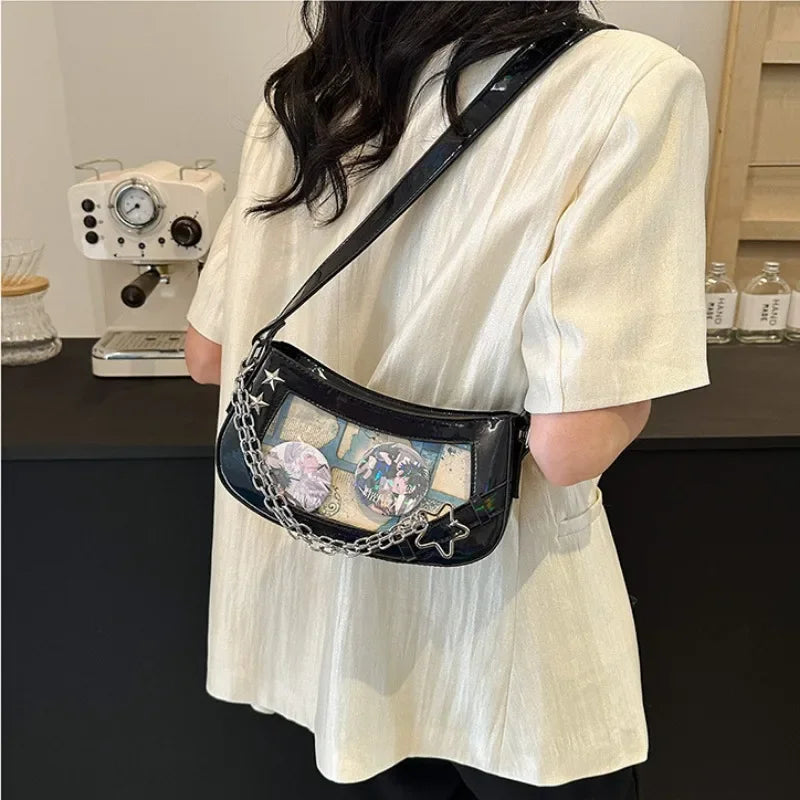 Ingvn  Laser Silver Shoulder Bag for Women Designer Casual Fashion Transparent Lolita Ita Bag Jk All-match Chain Y2k New Handbag