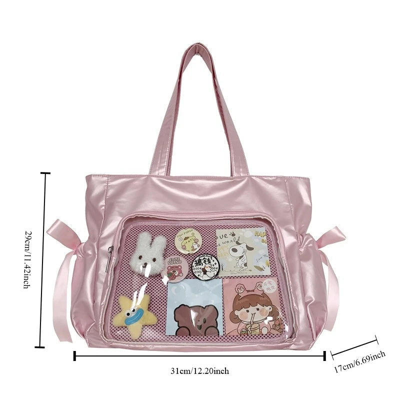 Ingvn  Sweet Ribbon Satin Bow Tote Bag Ballet Style Original Comic Handbag Beautiful Double Large Capacity Student Shoulder Bag