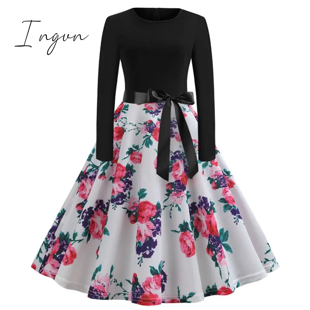 Ingvn - Winter Christmas Dresses Women 50S 60S Vintage Robe Swing Pinup Elegant Party Dress Long Sleeve Casual Plus Size Print Black