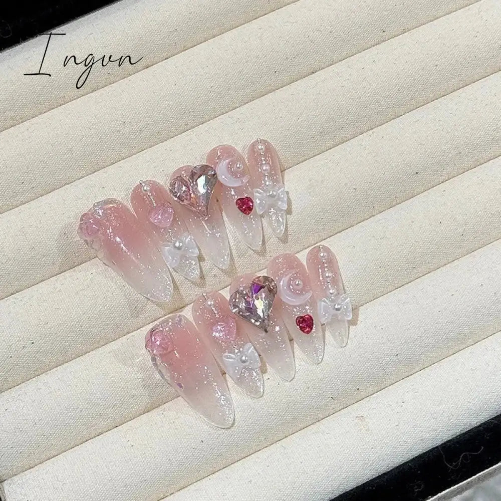 10Pcs Handmade Nails Set Press on Long Almond False Nail with Rhinestone Pink Camellia Design Reusable Full Cover Fake Nail Tips