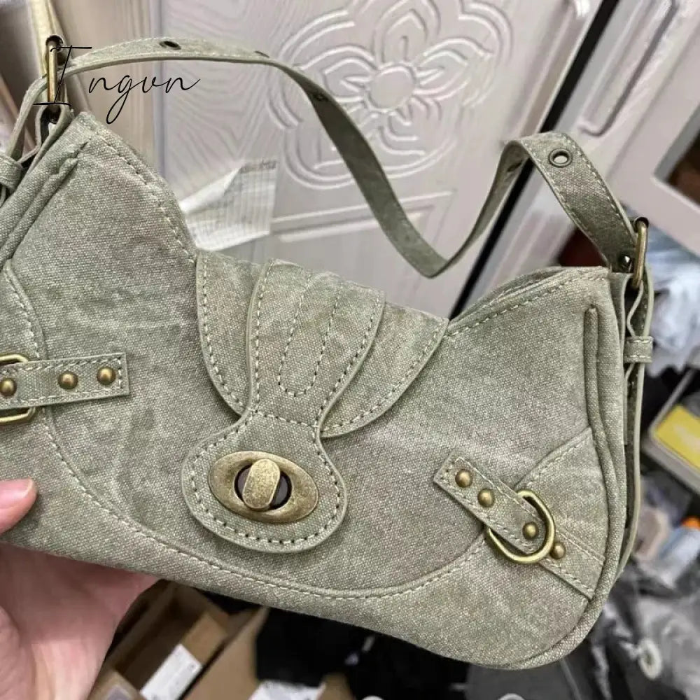 Ingvn - Y2k Vintage Shoulder Bag American Street Style Rivets Green Canvas Handbag Gothic Punk Biker Cool Designers Underarm Bag