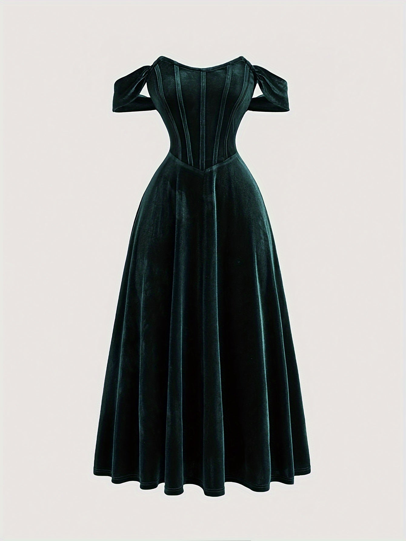 Elegant Off-Shoulder Knit Dress, 95% Polyester 5% Spandex, Solid Color Long Length Fit and Flare Gown with Tie Back Details for All Seasons