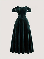 Elegant Off-Shoulder Knit Dress, 95% Polyester 5% Spandex, Solid Color Long Length Fit and Flare Gown with Tie Back Details for All Seasons