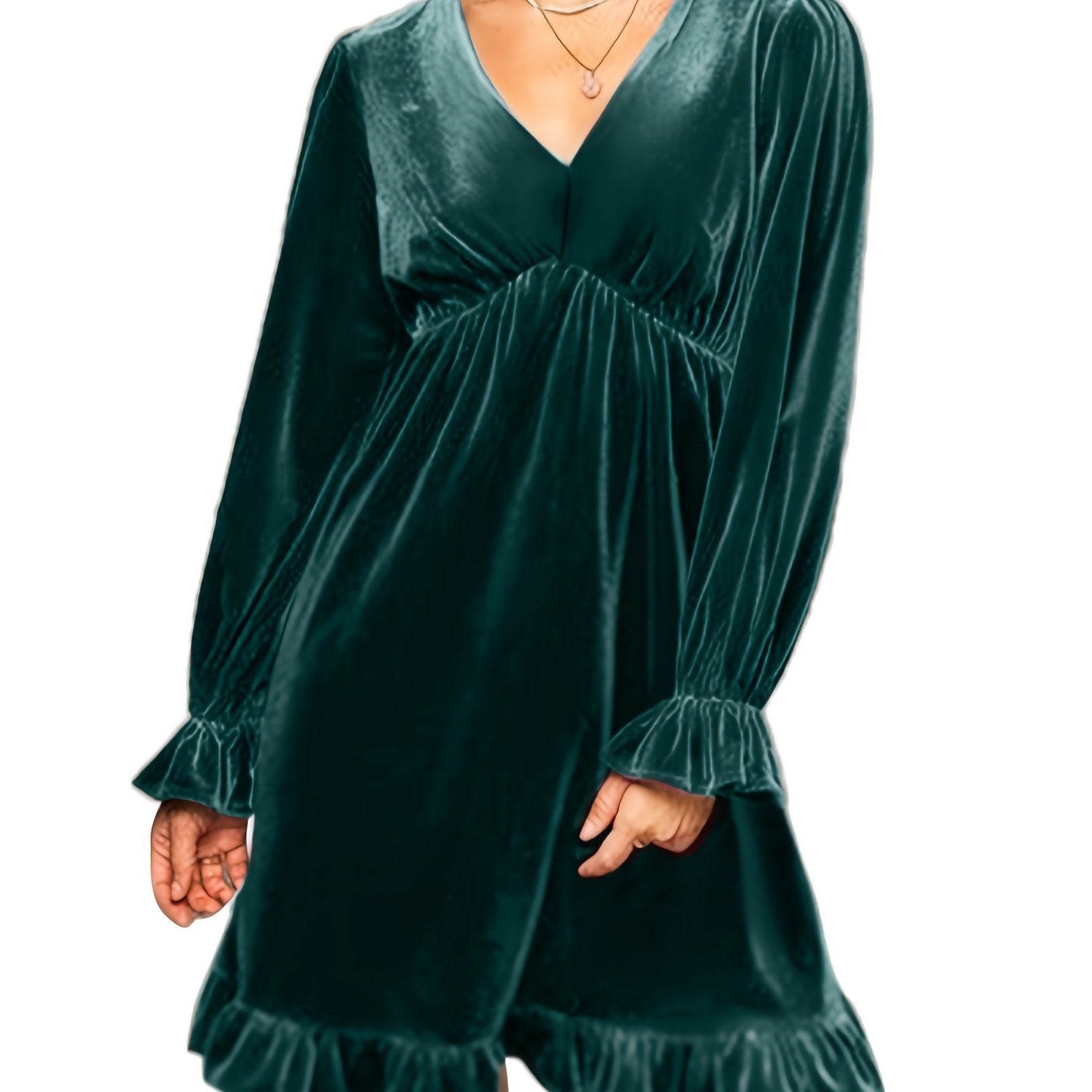 V Neck Velvet Dress For Women Long Sleeve Ruffle Midi Dress Wedding Party Dress With Pockets