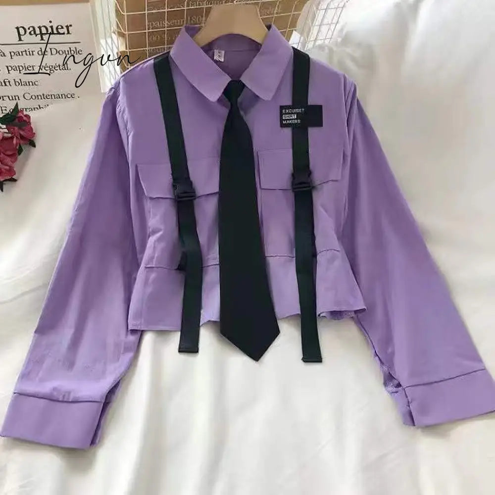 Ingvn - Spring Outfits 2023 Trends Harajuku Women Shirts And Blouses Feminine Tie Pocket Top Casual White Turn-down Collar OL Style Female Blouses Streetwear