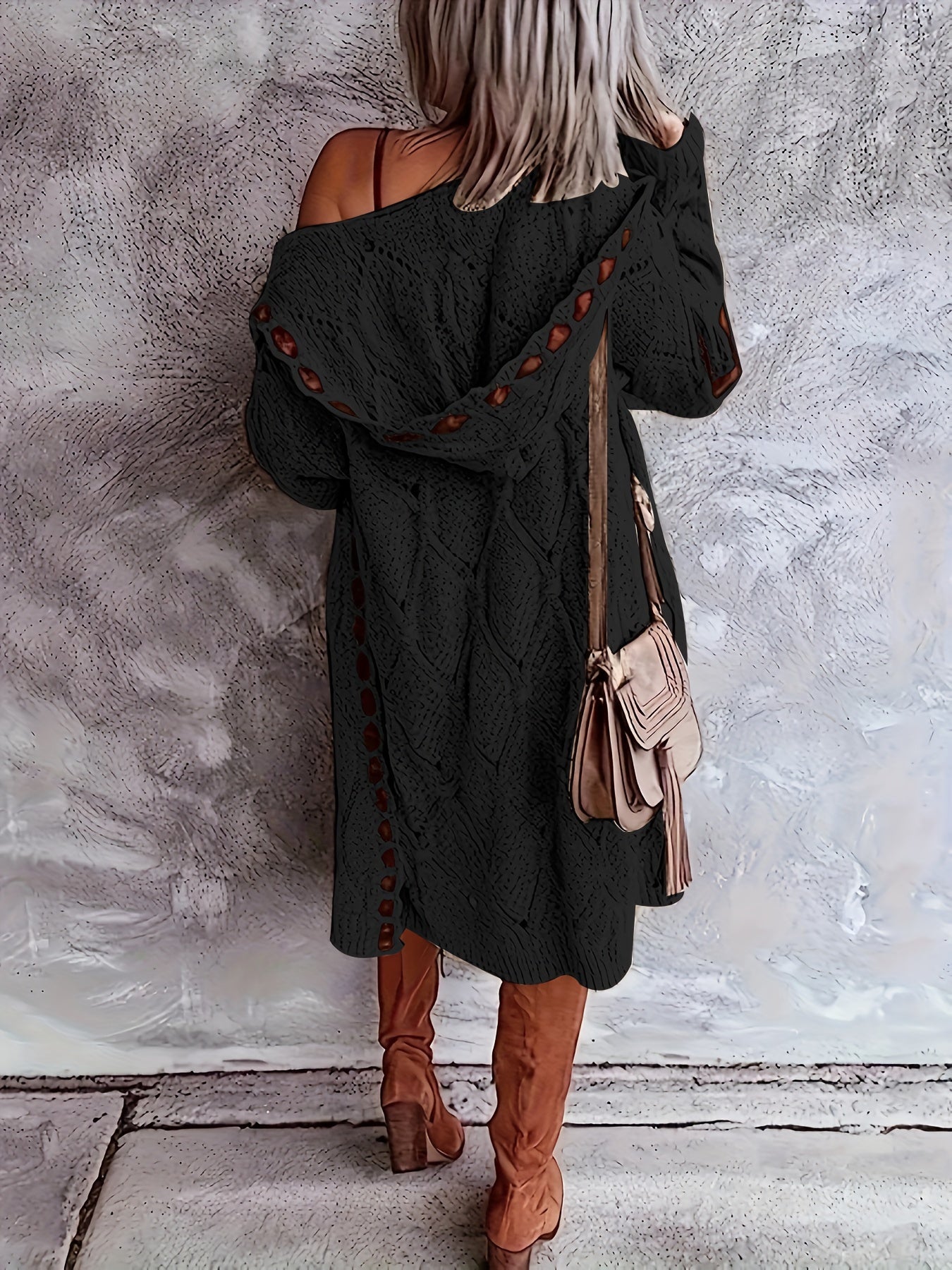 Plus Size Colorblock Chic Knitted Cardigan - Hooded Long Sleeve with Trendy Cutout - Flattering Open Front Design - Perfect Womens Plus Size Fashion Staple