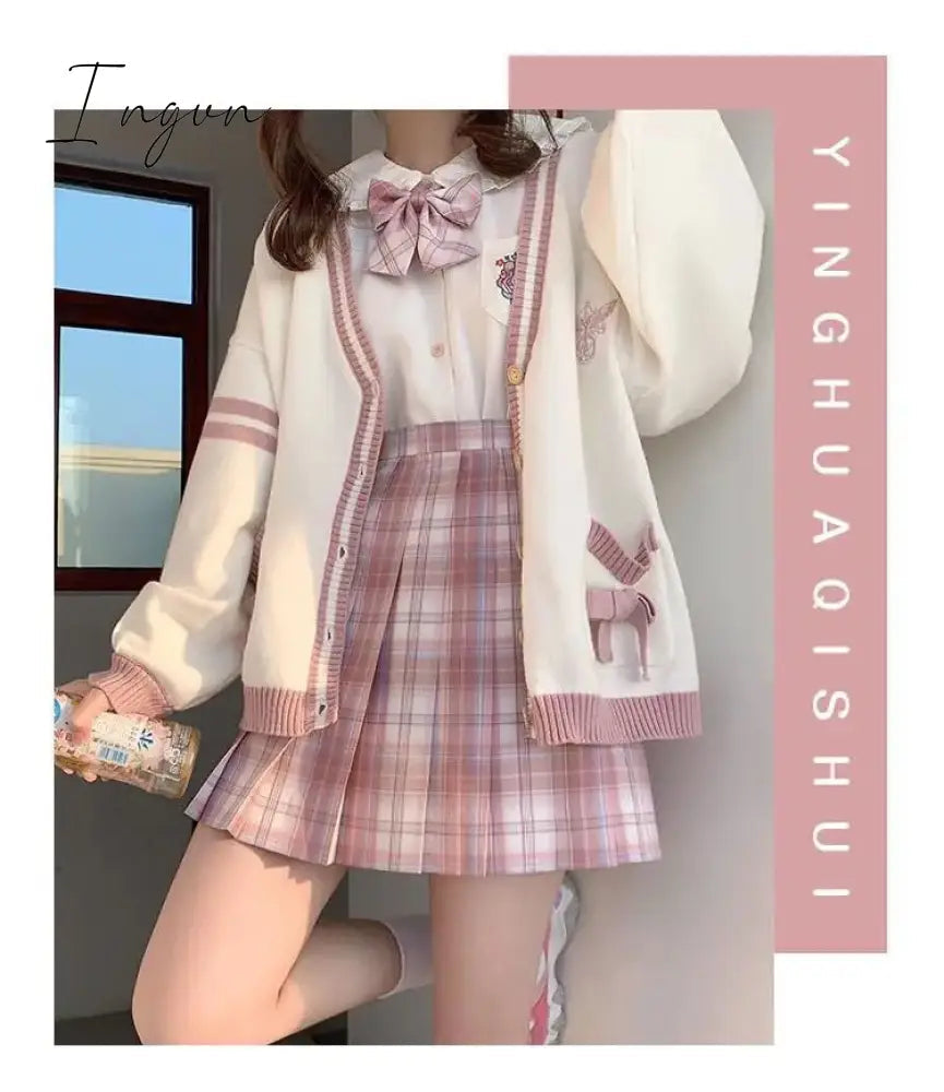 Ingvn - Spring Japanese Kawaii Fashion Pink Cardigan Women Harajuku Knitted Sweater Cute Bow Heart Korean College Style JK Uniform Coat