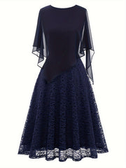 Solid Lace Chiffon Maxi Dress, Elegant Short Sleeve Dress For Wedding Party, Women's Clothing
