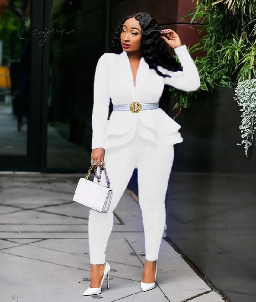 Ingvn - New Women Winter Women's Set Tracksuit Full Sleeve Ruffles Blazers Pencil Pants Suit Two Piece Set Office Lady Outfits Uniform