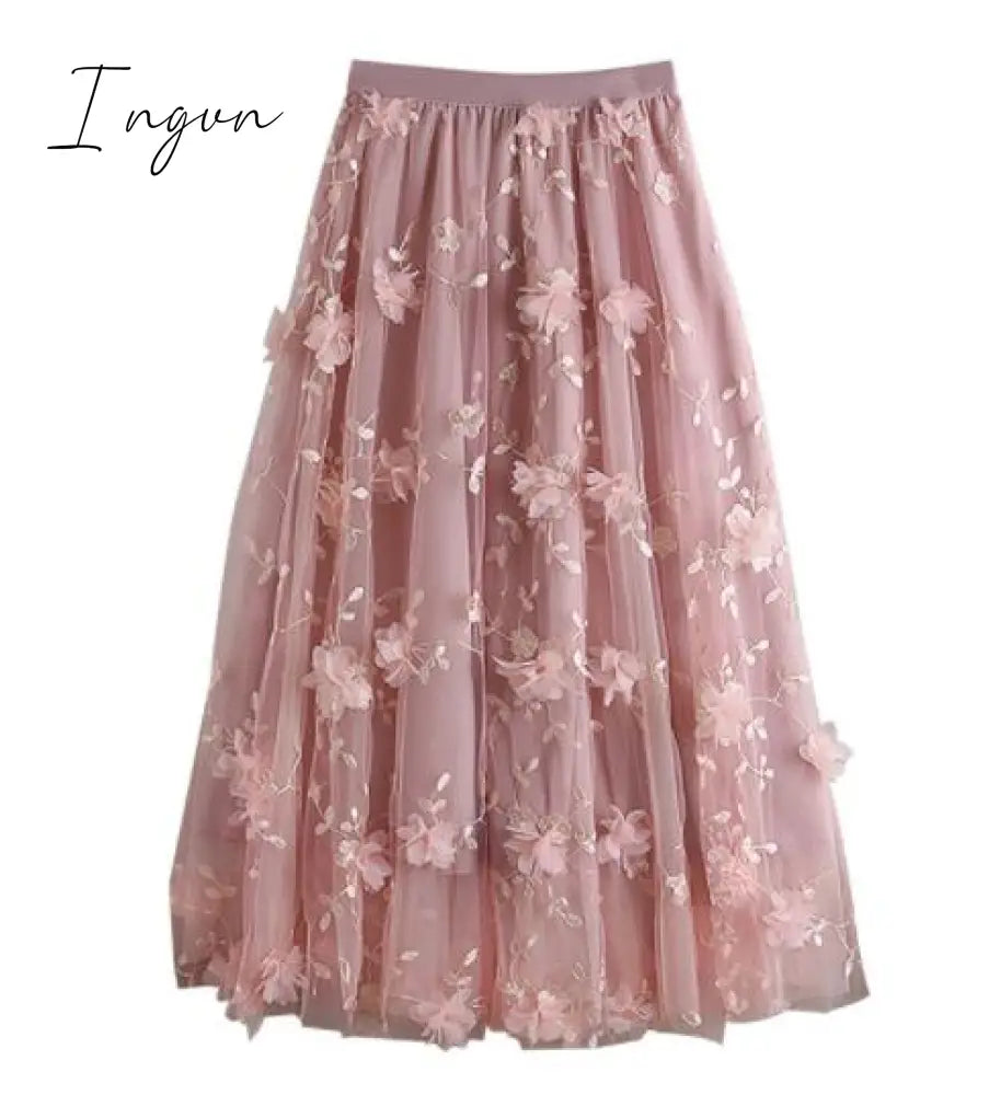 Ingvn - Luxury Woman Skirts Korean style Fashion Elastic Waist Appliques Embroidery Floral Mesh Skirt Long Gauze Ball Gown Skirt