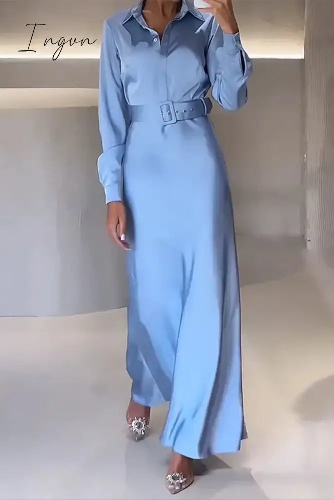 Ingvn - Elegant Solid With Belt Turndown Collar Shirt Dress Dresses