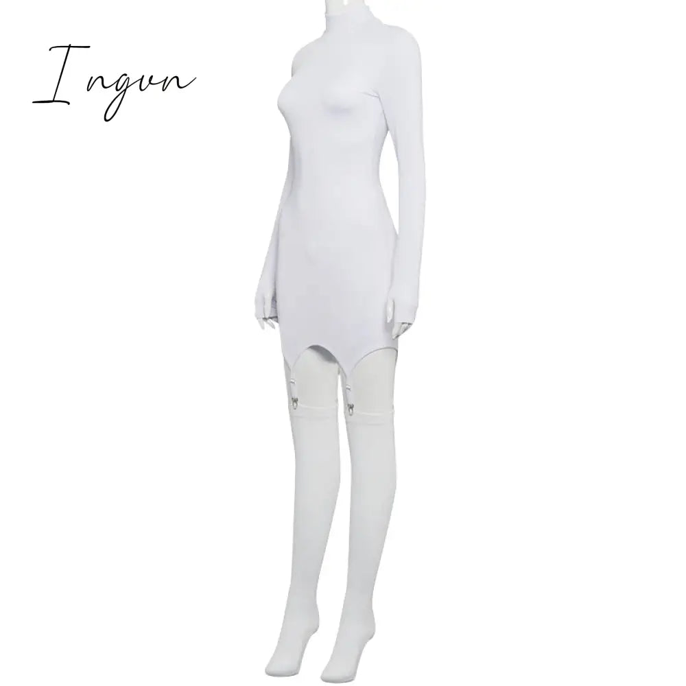 Ingvn - Womens Fashion Casual White Crew Neck Dress Crochet Long Sleeve Bodycon Sexy  Chic And Elegant Woman Dress Corset Party Nightclub Clothing
