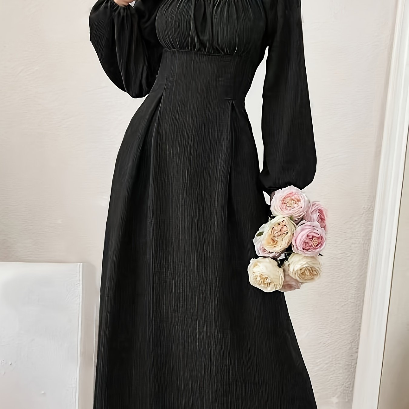 Stunning Textured Cross Tie Lantern Sleeve Midi Dress - Elegant Square Neck, Drawstring Waist, Semi-Sheer, Solid Color, Polyester, Machine Washable, Customized Fitted Design for Women - Perfect for Spring and Fall Seasons
