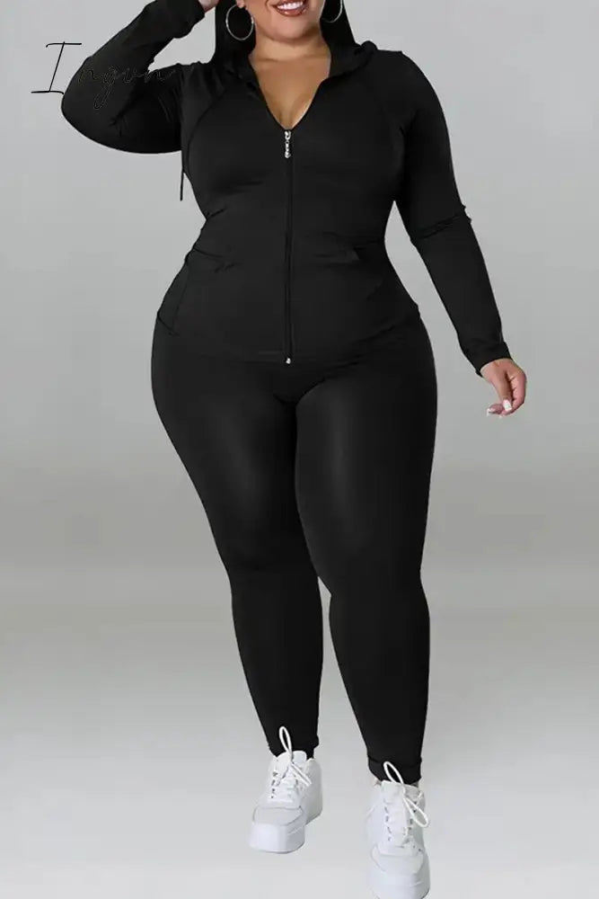 Ingvn - Black Casual Solid Patchwork Draw String Pocket Zipper Hooded Collar Plus Size Two Pieces
