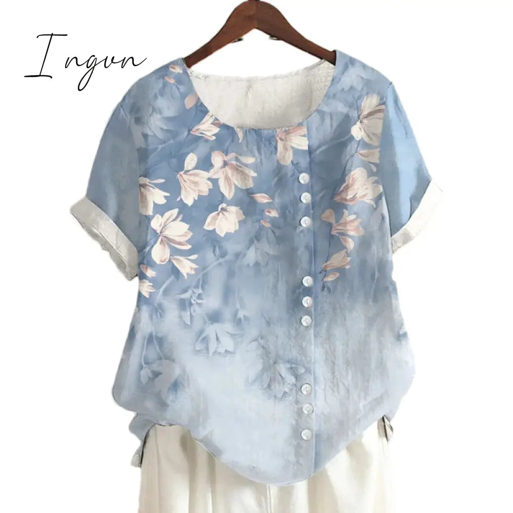 Ingvn - Summer Retro Fashion Printed Loose Casual Shirt Short-sleeved Blouses