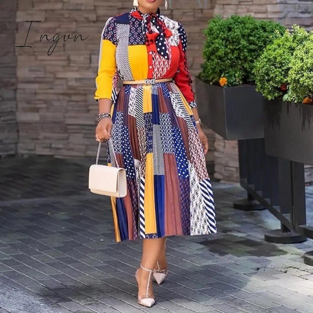 Ingvn - Office Ladies Work Wear Bow Collar Print A-Line Color Block Dress Casual Fit And Flare Pleated Dress Summer Women Fashion
