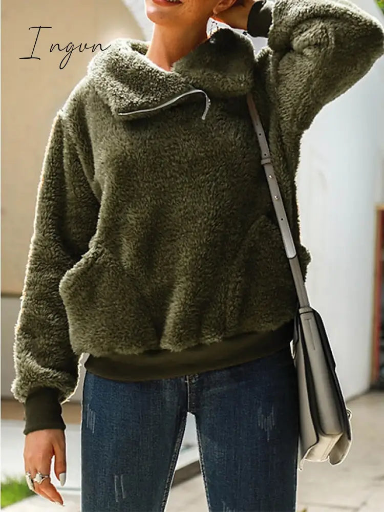 Ingvn - Women's Sweatshirt Pullover Fuzzy Teddy Pocket Quarter Zip Pink Green Khaki Solid Color Street V Neck Long Sleeve Fleece Top Micro-elastic Fall & Winter